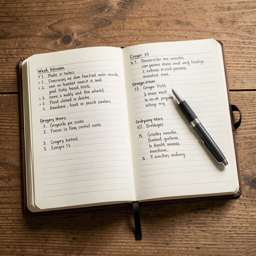 Open food journal on a wooden surface with a pen resting on an annotated page showing weekly meal notes and grocery lists in neat handwriting