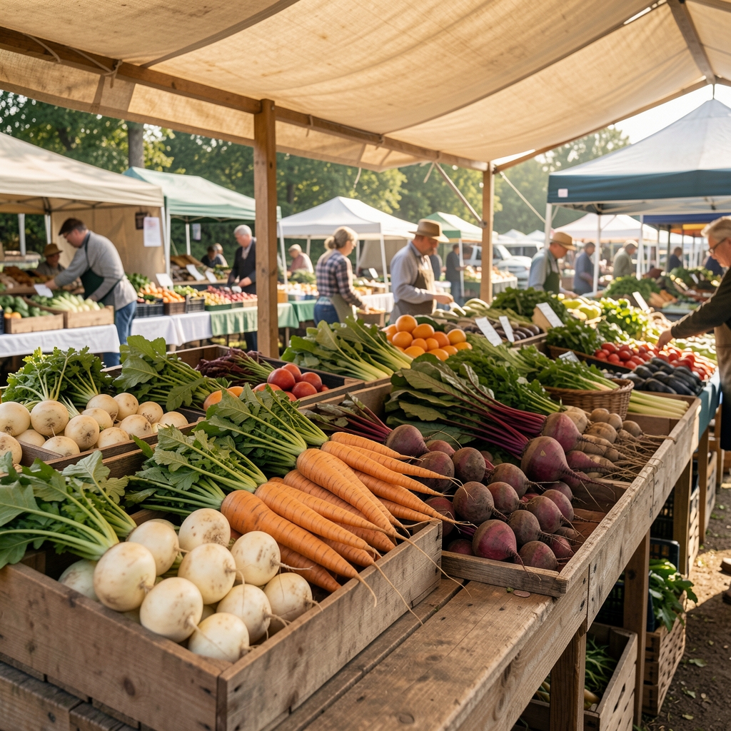 Farmers market scene with wooden crates of fresh seasonal root vegetables — turnips, parsnips and beetroot — under a canvas awning in natural light