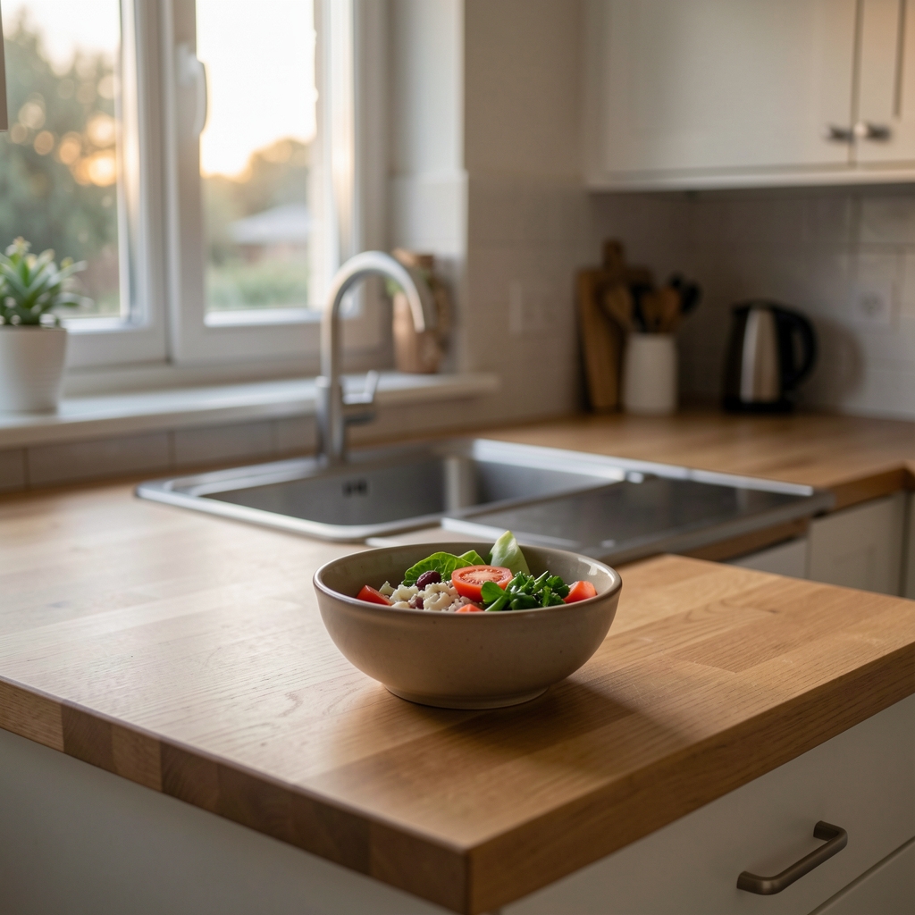 Quiet kitchen interior with a single bowl of prepared ingredients on a clean wooden counter, evening light filtering through a window above the sink