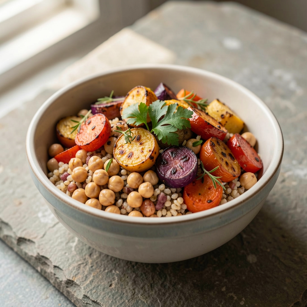 Close-up of a colourful grain bowl with roasted vegetables, chickpeas, and fresh herbs arranged on a stone surface in soft natural light