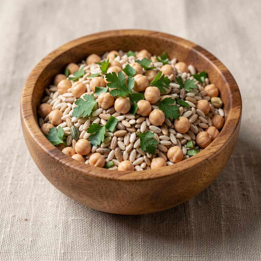 Close-up of a wooden bowl filled with mixed whole grains, chickpeas, and finely chopped flat-leaf parsley on a textured linen surface