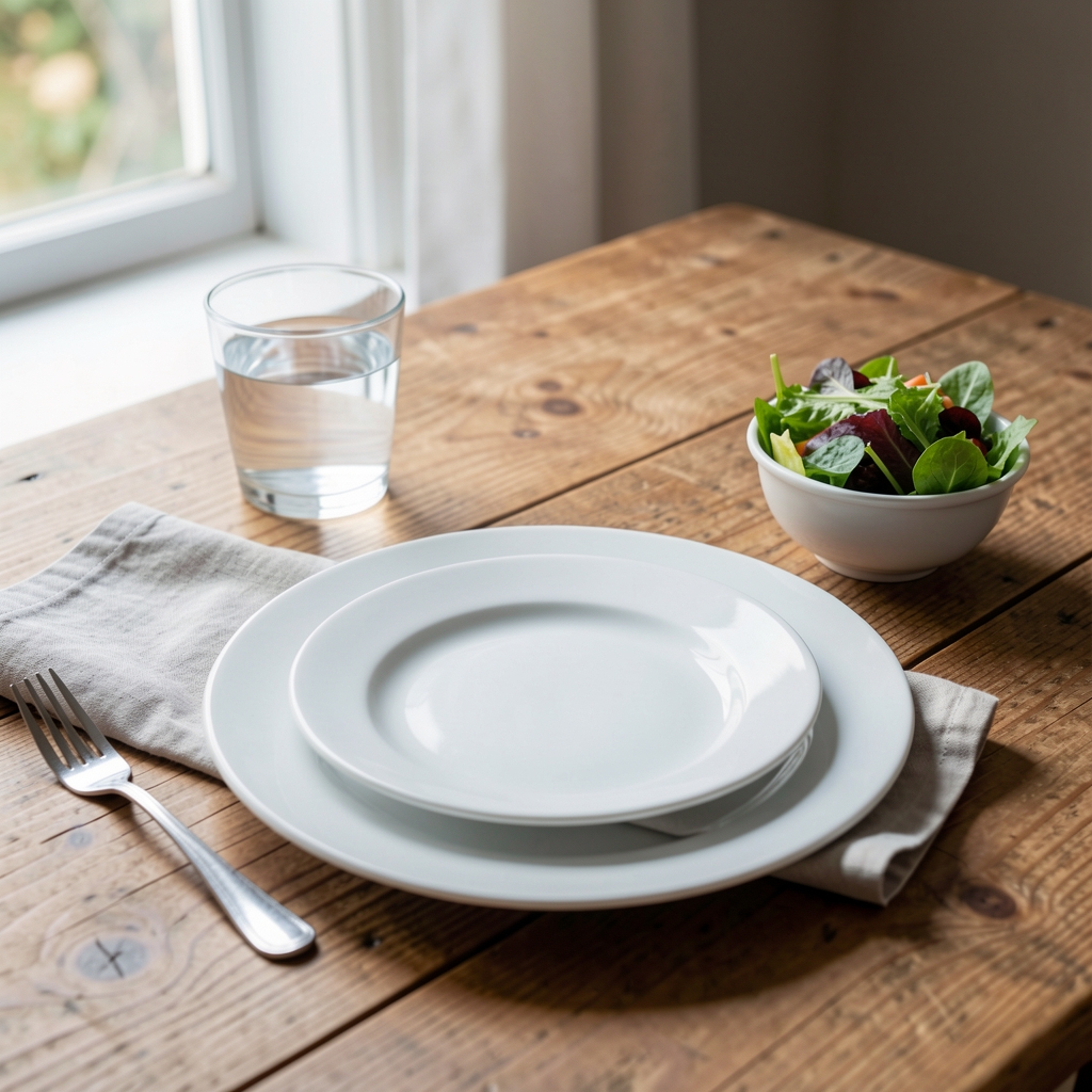 A single place setting on a wooden table — white ceramic plate, linen napkin, glass of water and a small bowl of mixed salad leaves in natural window light