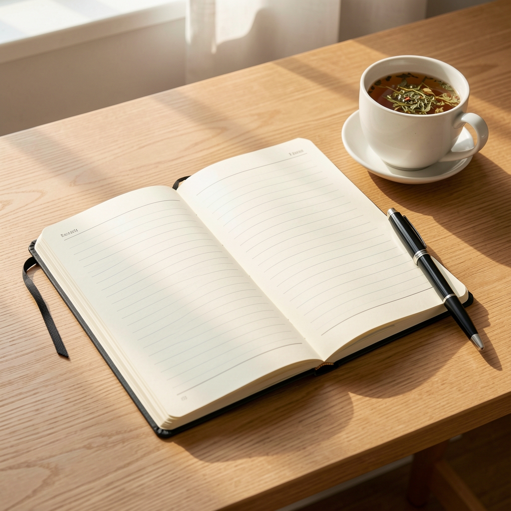 Open food journal notebook on a clean wooden desk with a pen, a cup of herbal tea, and morning light falling across the pages