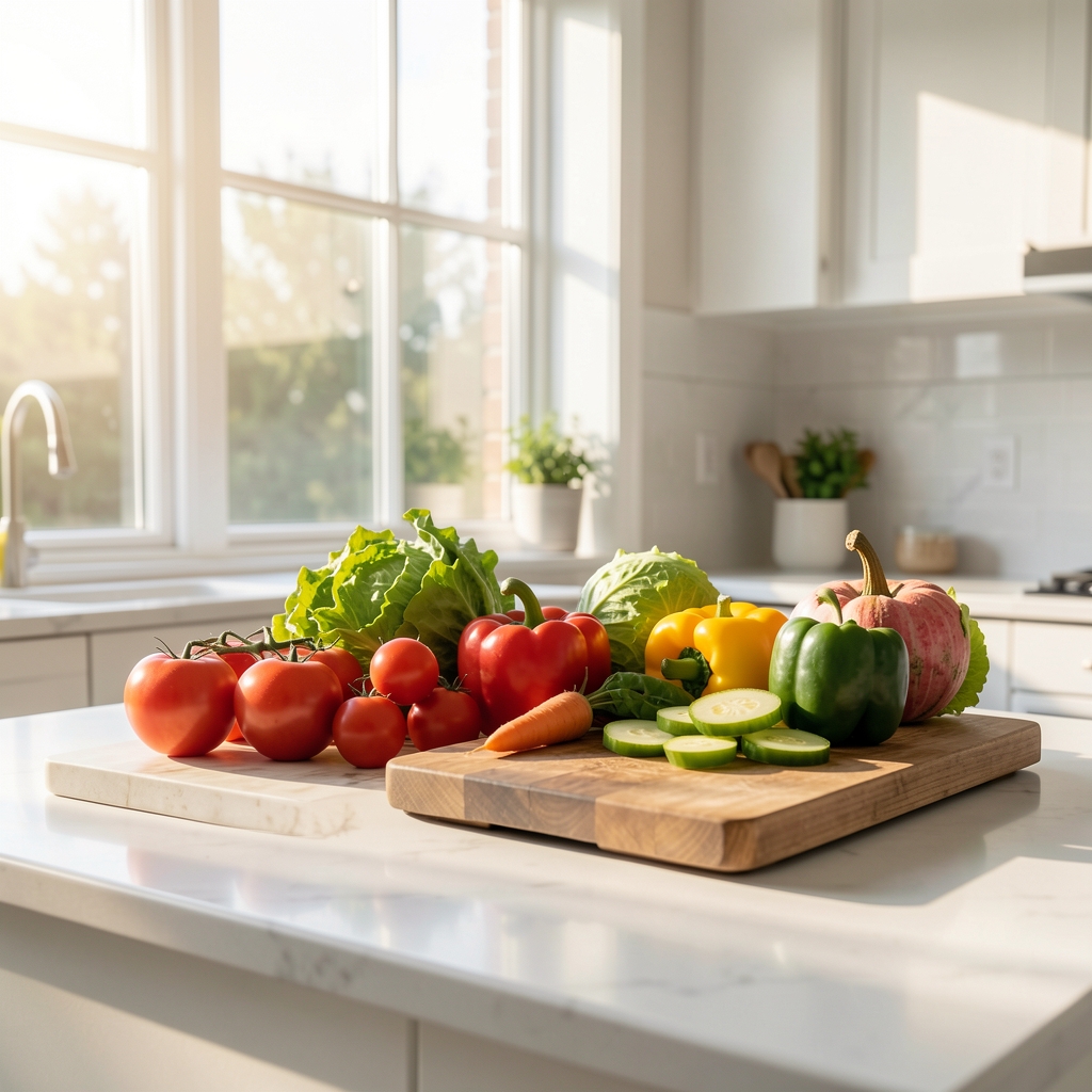 Bright kitchen countertop with seasonal vegetables, a wooden cutting board, and morning sunlight streaming through large windows